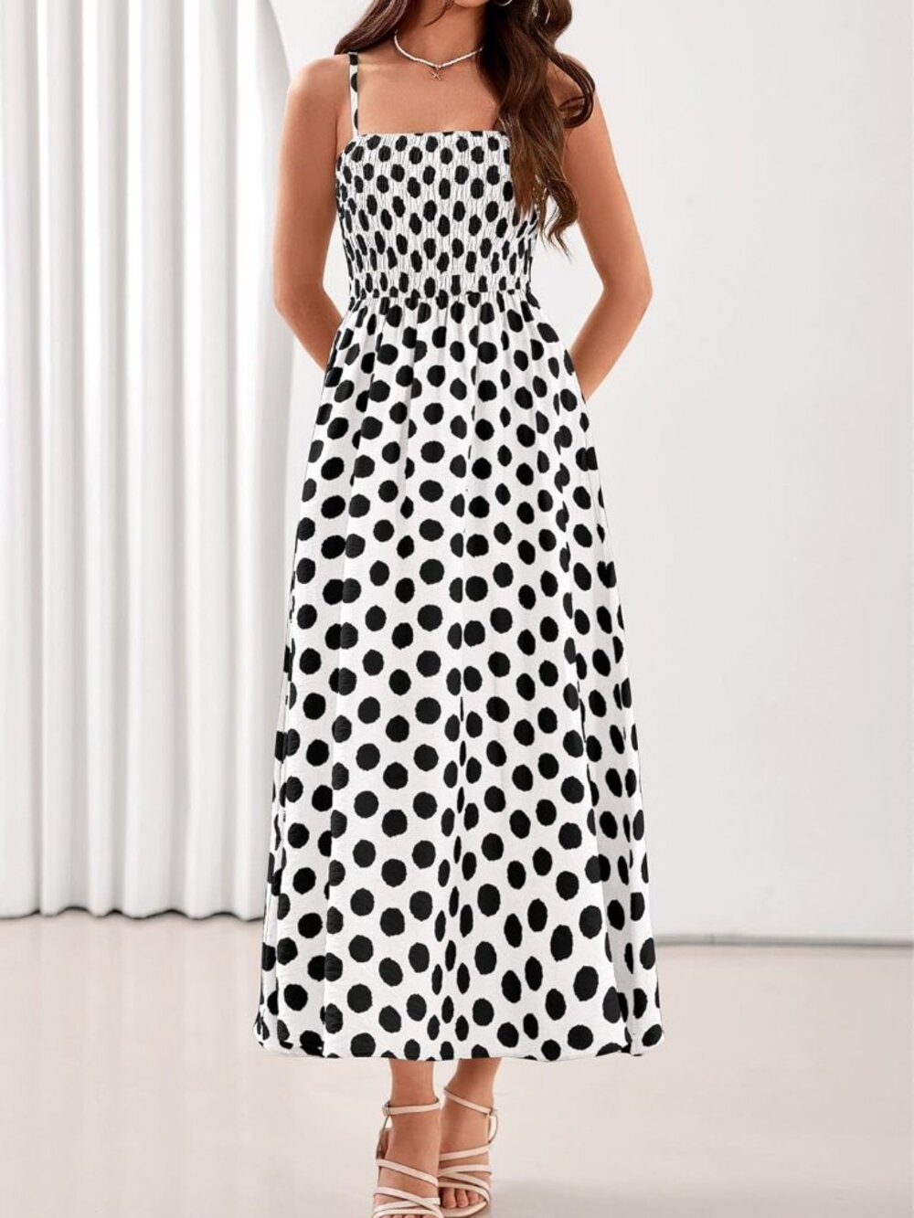 PRETTYGARDEN #13 White Polka Dot Spaghetti Strap Midi L